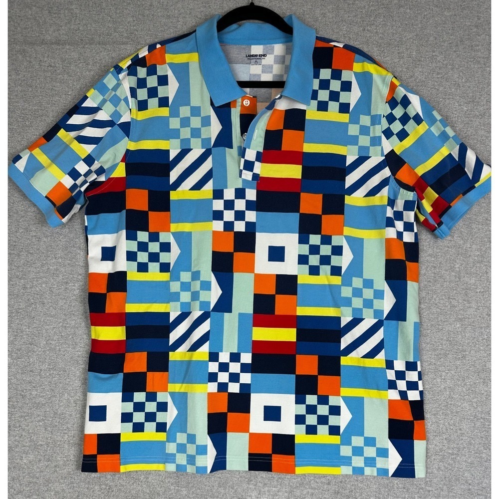 Lands End Polo Shirt‎ Mens XL Traditional Nautical Flag Geometric Multi-Color